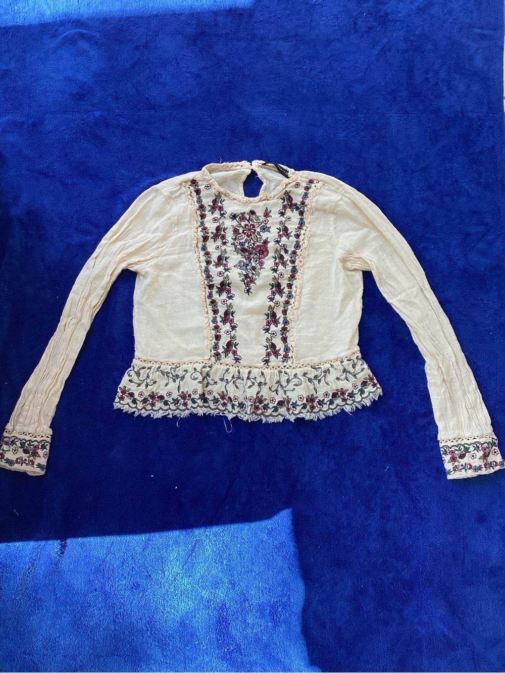 Zara Cream Embroidered Peplum Long-Sleeve Top